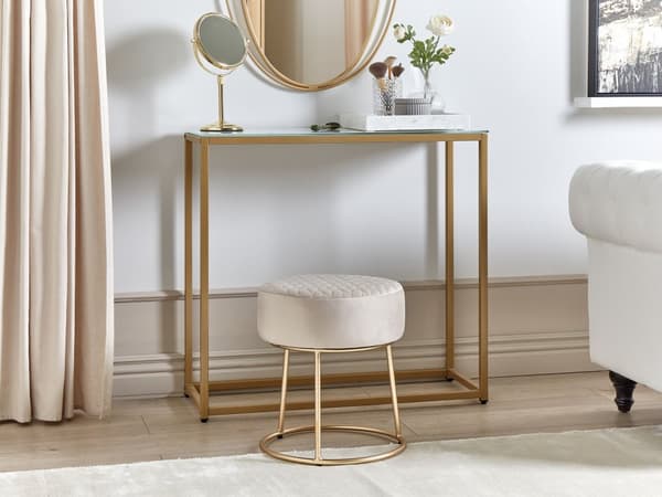 Fodskammel Beige Velour med Guld Metal Base ø 35 x 40 cm Dekorativ Moderne Siddepuf med Ben Glamour Stil Stue Soveværelse Indretning
