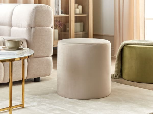 Rund Puff Beige Sammet Fotpall