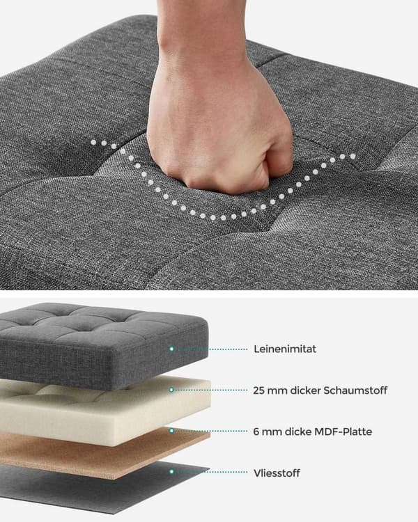 Rootz Storage Ottoman - Fodskammel - Polstret skammel - Imiteret linned - Skumpolstring - MDF-ramme - Mørkegrå - 32 cm x 40 cm x 33,5 cm - 29L Kapacit