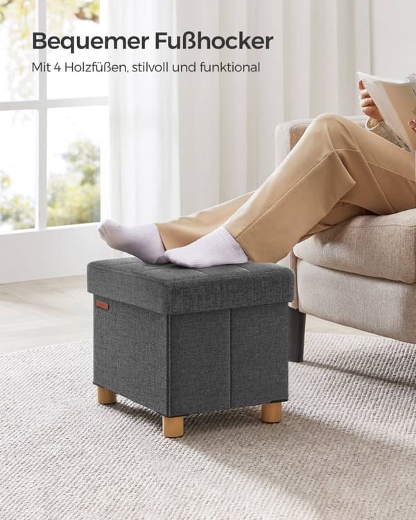 Rootz Storage Ottoman - Fodskammel - Polstret skammel - Imiteret linned - Skumpolstring - MDF-ramme - Mørkegrå - 32 cm x 40 cm x 33,5 cm - 29L Kapacit