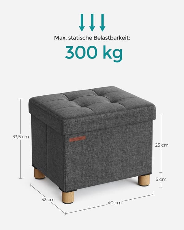 Rootz Storage Ottoman - Fodskammel - Polstret skammel - Imiteret linned - Skumpolstring - MDF-ramme - Mørkegrå - 32 cm x 40 cm x 33,5 cm - 29L Kapacit