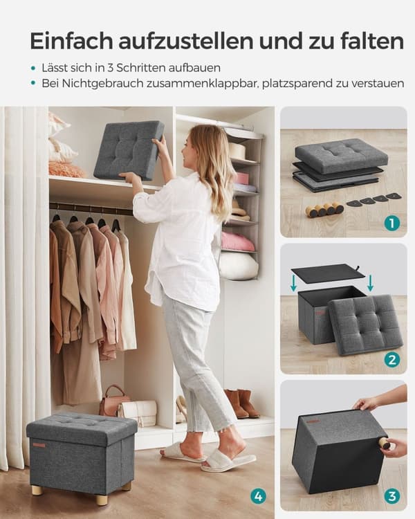 Rootz Storage Ottoman - Fodskammel - Polstret skammel - Imiteret linned - Skumpolstring - MDF-ramme - Mørkegrå - 32 cm x 40 cm x 33,5 cm - 29L Kapacit