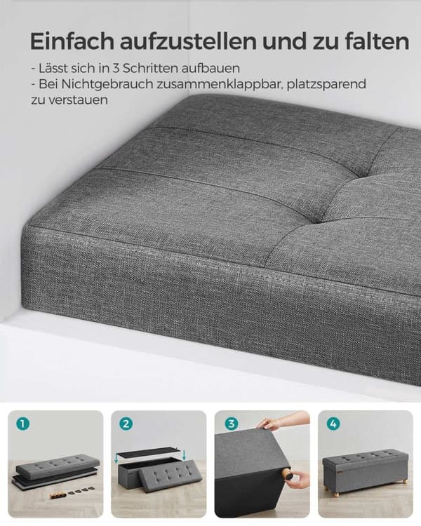 Rootz Storage Ottomaanien penkki - Tummanharmaa ottomaani - Pehmustettu penkki - Pellavajäljitelmä - Vaahtomuovipehmuste - MDF-runko - 38cm x 110cm x