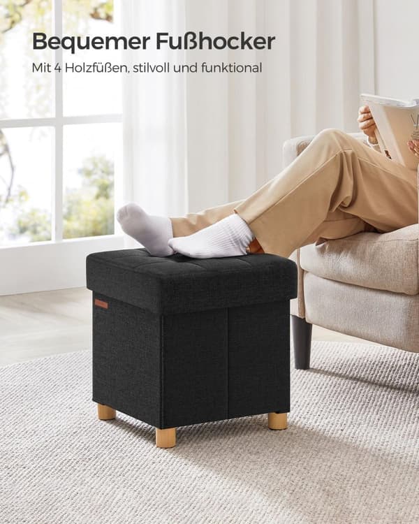Rootz Black Seat Chest Ottoman - Opbevaringsbænk - Fodstøtte - Imiteret linned - Skumpolstring - MDF-konstruktion - 38 cm x 38 cm x 40 cm - 37 liters