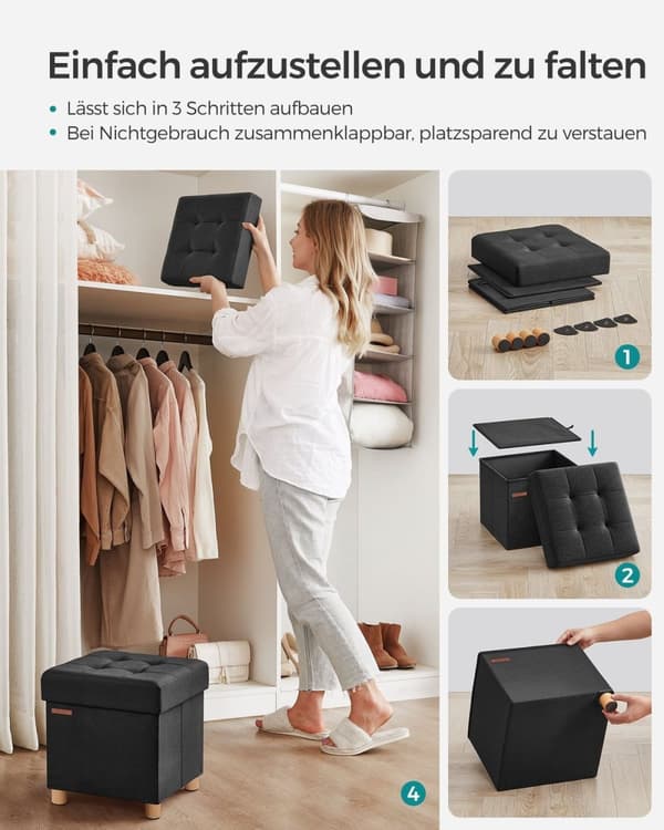 Rootz Black Seat Chest Ottoman - Opbevaringsbænk - Fodstøtte - Imiteret linned - Skumpolstring - MDF-konstruktion - 38 cm x 38 cm x 40 cm - 37 liters