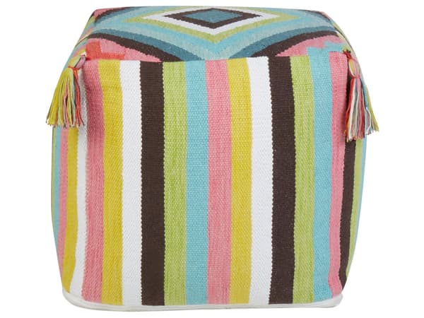 Flerfarvet bomuldspuf 45 x 45 cm håndlavet geometrisk mønster med kvaster ottoman fodskammel boho stue soveværelse