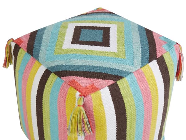 Flerfarvet bomuldspuf 45 x 45 cm håndlavet geometrisk mønster med kvaster ottoman fodskammel boho stue soveværelse