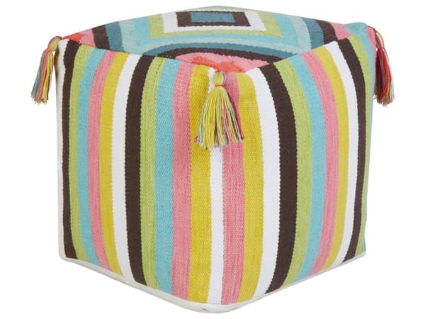 Flerfarvet bomuldspuf 45 x 45 cm håndlavet geometrisk mønster med kvaster ottoman fodskammel boho stue soveværelse