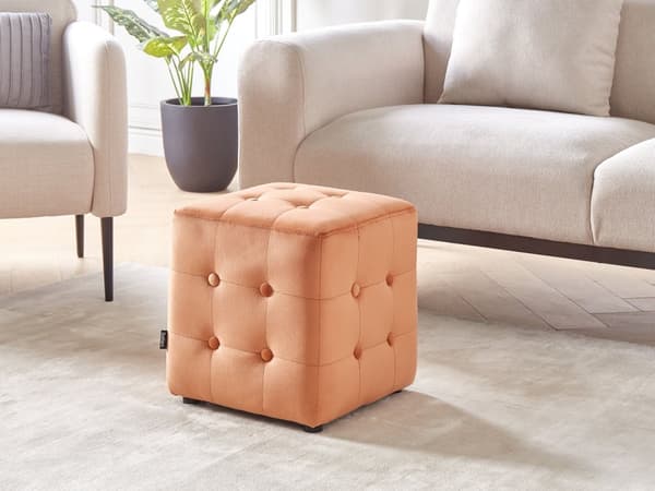 Fotpall Orange Sammet Kub Puff Knapptuftad Klädsel