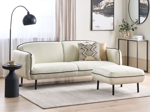 Fotpall Ljusbeige Tyg Ottoman Stoppad Metall Svarta Ben Fyrkantig Fotpall Vadderad Svart Dekorativ Kant Retro Glam