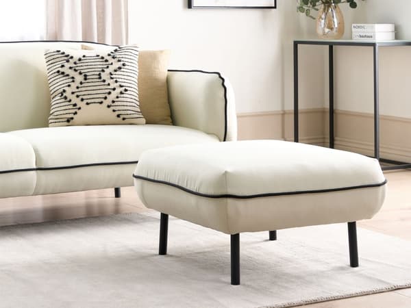 Fotpall Ljusbeige Tyg Ottoman Stoppad Metall Svarta Ben Fyrkantig Fotpall Vadderad Svart Dekorativ Kant Retro Glam