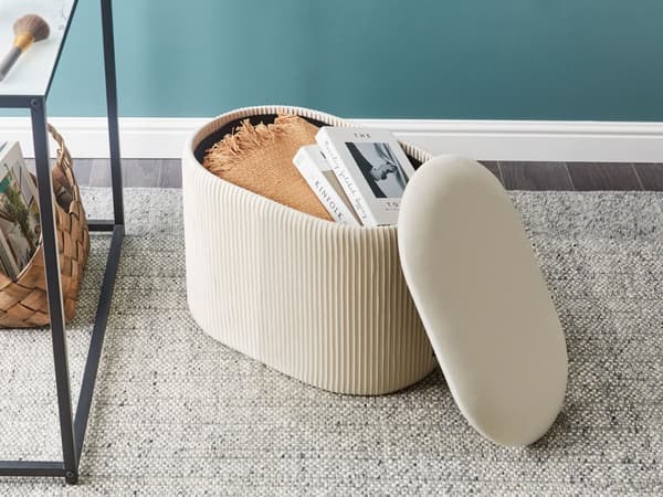 Puf med Opbevaring Lys Beige Velour Polstret Rillet Siddepuf Rund Oval Skum Sæde Tilbehør Fodskammel til Stue Soveværelse Pigeværelse Glamour