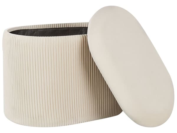 Puf med Opbevaring Lys Beige Velour Polstret Rillet Siddepuf Rund Oval Skum Sæde Tilbehør Fodskammel til Stue Soveværelse Pigeværelse Glamour