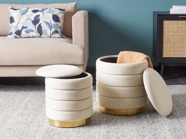 Set om 2 Puffar med Förvaring Ljusbeige Klädd Sammet Guldfärgad Rostfri Stålbas Glamourös Stil Modern Design Vardagsrum Sovrum