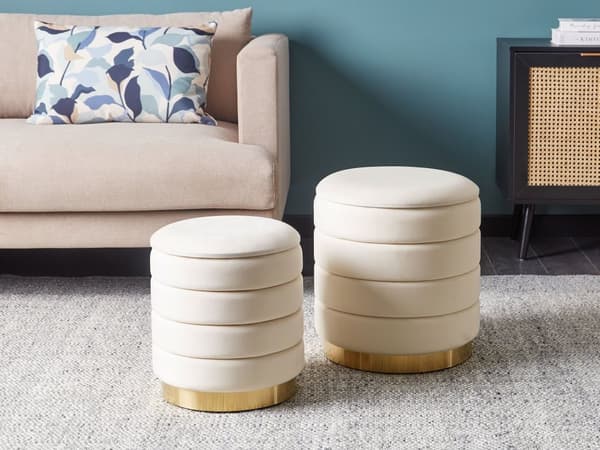 Set om 2 Puffar med Förvaring Ljusbeige Klädd Sammet Guldfärgad Rostfri Stålbas Glamourös Stil Modern Design Vardagsrum Sovrum