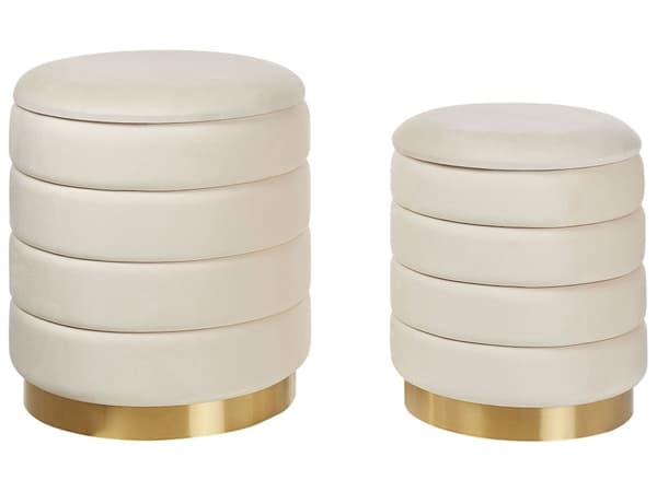 Set om 2 Puffar med Förvaring Ljusbeige Klädd Sammet Guldfärgad Rostfri Stålbas Glamourös Stil Modern Design Vardagsrum Sovrum
