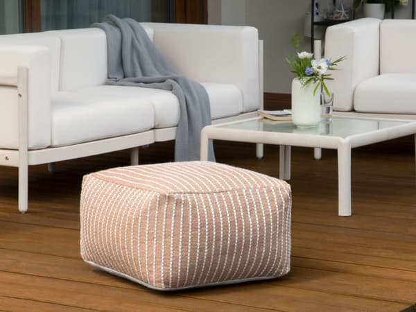 Puf gyldenbrun polyester EPS-granulat 50 x 50 x 30 cm firkantet med lynlås indvendigt og udvendigt geometrisk mønster moderne
