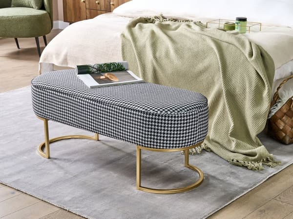 Bänk Svartvit Klädd med Tyg Metall Accent Guldben Sängbänk Pall Glam Vardagsrum Sovrum
