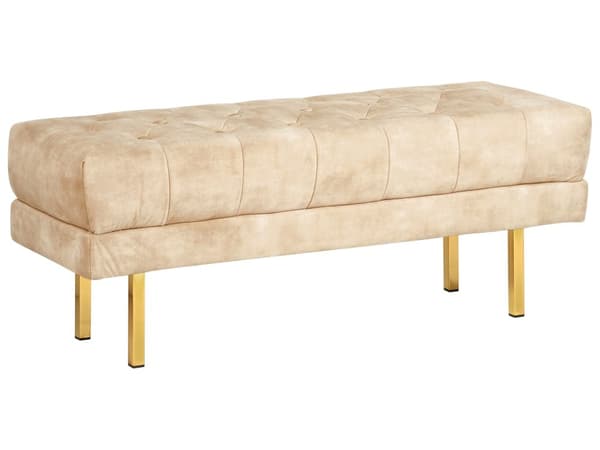 Penkki beige sametti verhoilu kultaiset metalli jalat sängyn päätyyn glamour tyyli