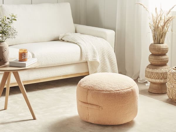 Sittpuff Orange 50 x 50 x 30 cm Fluffig Polyester Strukturerad Yta Rund Tyg Sittpuff Vardagsrum Sovrum