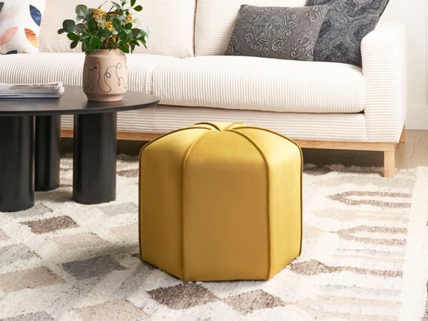 Sittpuff Gul Sammet Rund 45 x 45 x 42 cm Fotpall Accent Klädsel Modern Vardagsrum Sovrum Möbler