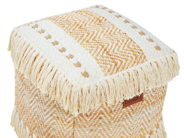 Puff Beige Jute Bomull EPS-Fylling med dusker Firkantet Ottoman Fotskammel Stue