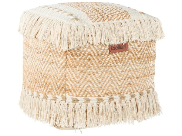 Puff Beige Jute Bomull EPS-Fylling med dusker Firkantet Ottoman Fotskammel Stue