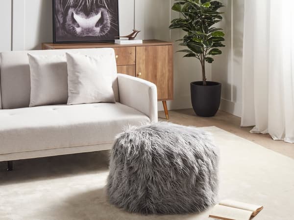 Puff Grå EPS-pärlor Fyllning Fuskpäls Fast Mönster Kvadratisk Boho Modern Tyg Fotpall