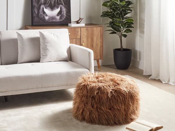 Puf brun EPS perler fyld imiteret pels solidt mønster firkantet boho moderne stof fodskammel