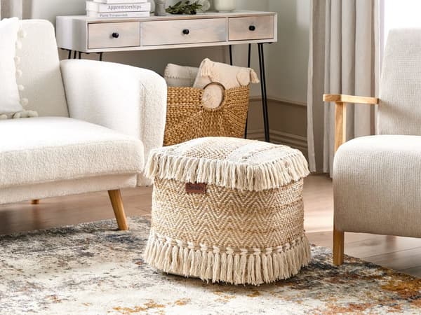 Puff Beige Jute Bomull EPS Bollar Fyllning med Tofsar Kvadratisk Sittpuff Fotpall Vardagsrum
