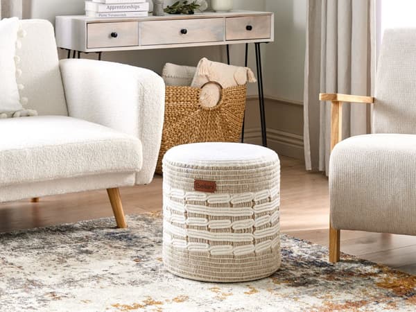 Puff Beige och Vit Jute och Bomull EPS-Pärlor Fyllning Rund Sittpuff Fotpall Vardagsrum