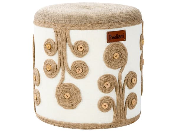 Puff Beige och Vit Jute och Bomull EPS-Pärlor Fyllning Rund Sittpuff Fotpall Vardagsrum