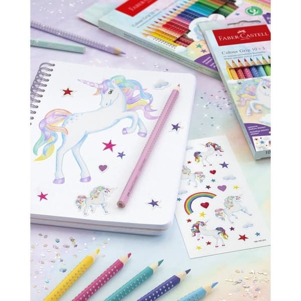 Faber Castell FC-201543 Farvegreb farveblyanter 18 stykker + 6 funklende pastelfarvede blyanter og Unicorn Stickers