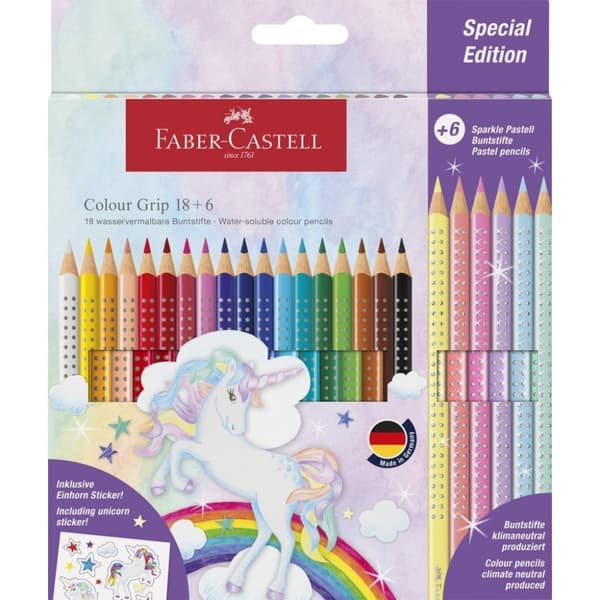 Faber Castell FC-201543 Farvegreb farveblyanter 18 stykker + 6 funklende pastelfarvede blyanter og Unicorn Stickers