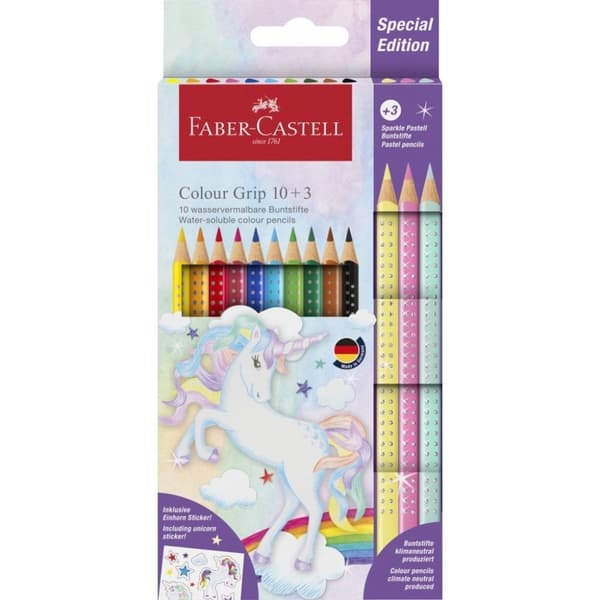 Faber Castell FC-201542 Färgpennor med färggrepp 10 stycken + 3 gnistrande pastellfärgade pennor och Unicorn-klistermärken