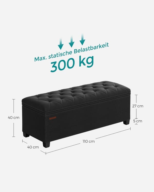 Rootz Ottoman Säilytysjakkara - Säilytyspenkki - Pehmustettu penkki - MDF-rakenne - 40cm x 110cm x 40cm - Muste musta