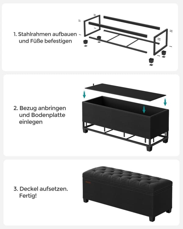 Rootz Ottoman Säilytysjakkara - Säilytyspenkki - Pehmustettu penkki - MDF-rakenne - 40cm x 110cm x 40cm - Muste musta