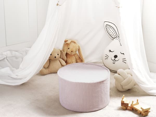 Puff Ljusbeige Bomull 40 x 25 cm Rund Sammetsstruktur Ribbad Avtagbart Överdrag Maskintvättbar Sovrum Vardagsrum