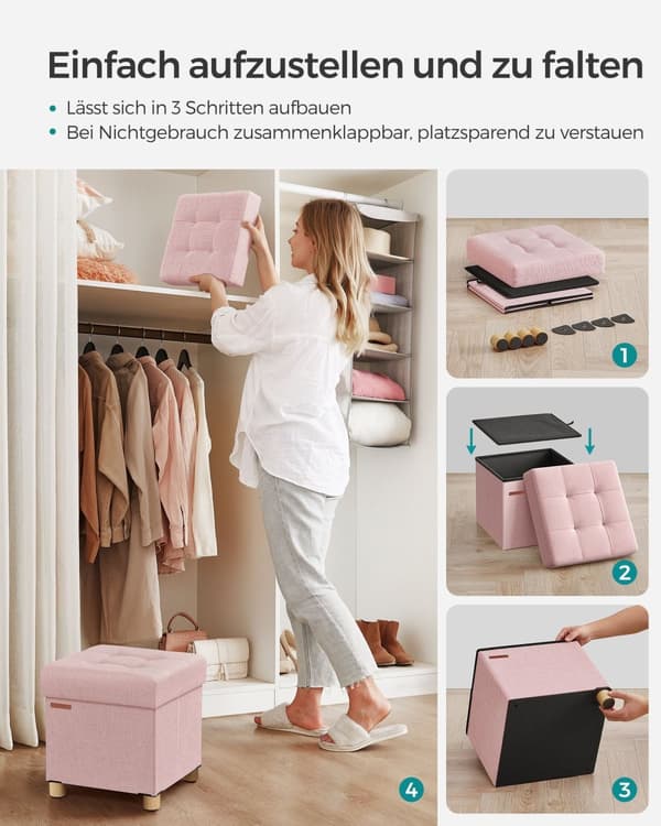 Bänk - vikning - med lagringsutrymme - 38 × 38 × 40 cm - pastellrosa