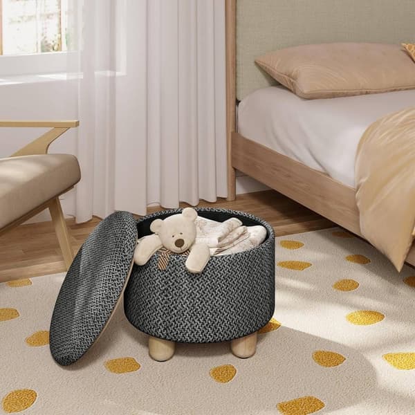 Rootzin pyöreä säilytysjakkara - ottomaani - rahi - karkea pellavapäällinen - tiheä vaahto - 39 cm x 33 cm - kermanvalkoinen ja harmaa