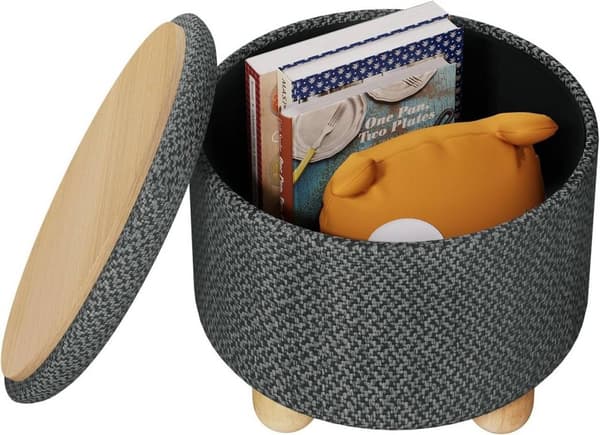Rootzin pyöreä säilytysjakkara - ottomaani - rahi - karkea pellavapäällinen - tiheä vaahto - 39 cm x 33 cm - kermanvalkoinen ja harmaa