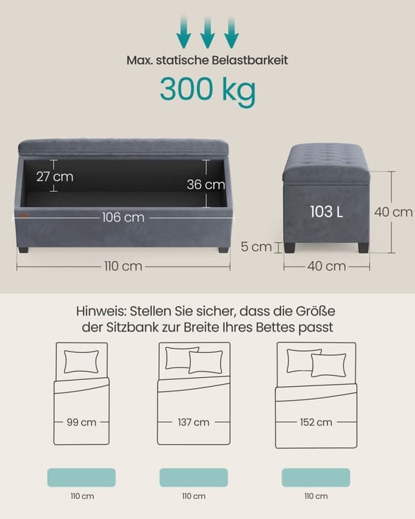 Rootz förvaringspall - ottomansk bänk - sammetsklädsel - MDF-konstruktion - 40 cm x 110 cm x 40 cm - skiffergrå