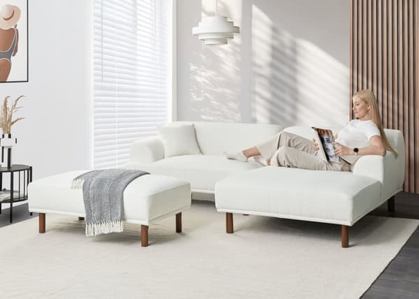 Fotpall Boucle Vit Ottoman Rektangulär Vardagsrumspuff