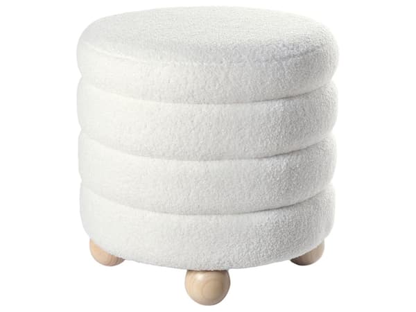Puff Off-White Boucle Teddy Klädsel Tall Trä Ben Fotpall Hemtillbehör Vardagsrum