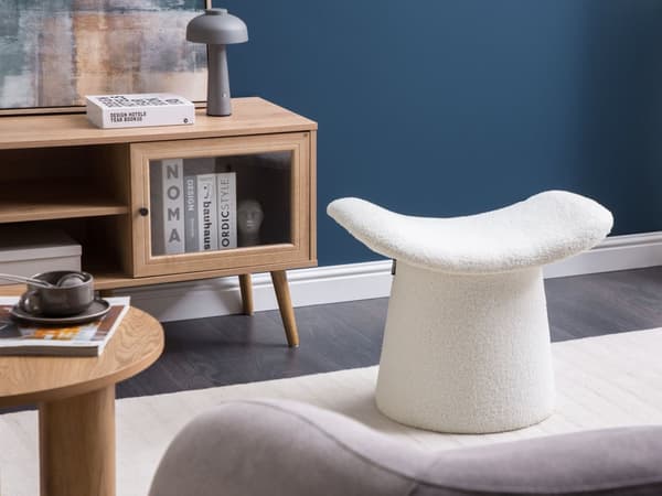 Puff Off-White Boucle Teddy Klädsel Skumfyllning Fotpall Hemtillbehör Vardagsrum