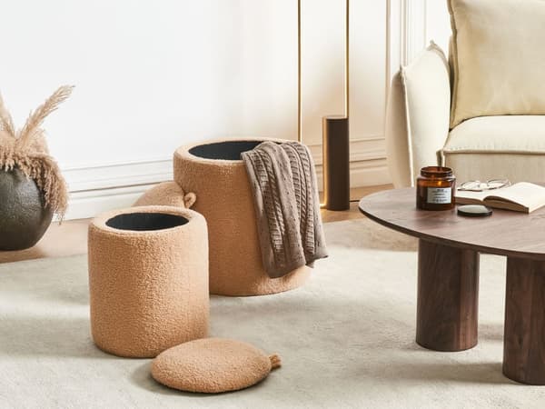 Sett med 2 puffer Lysebrun Bouclé Rund form Skjult oppbevaringsrom Moderne design Fotskammel