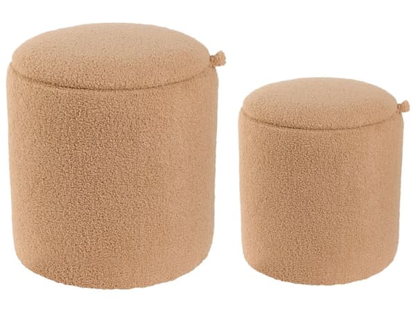 Sett med 2 puffer Lysebrun Bouclé Rund form Skjult oppbevaringsrom Moderne design Fotskammel