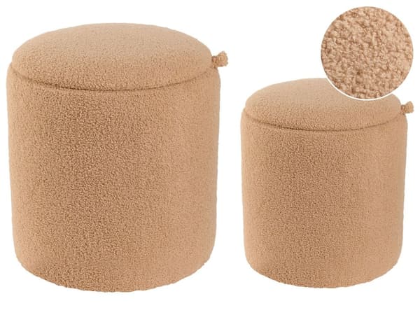 Sett med 2 puffer Lysebrun Bouclé Rund form Skjult oppbevaringsrom Moderne design Fotskammel