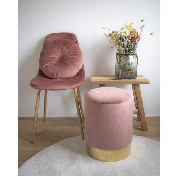 Rootz Gamby Pouf - Velvet Ottoman - Footusol - Elegant Comfort - ø34x43cm - Rose Velvet & Brass Base - Modern Home Aksentti