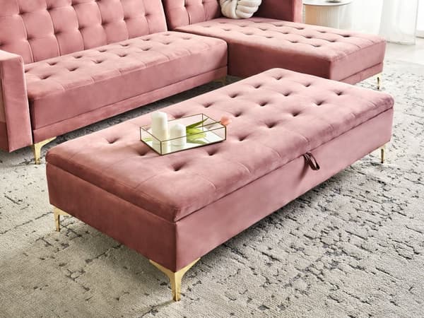 Fotskammel Rosa Fløyel med Oppbevaring Metallben Dekorative Knapper Moderne Design Puff Stue